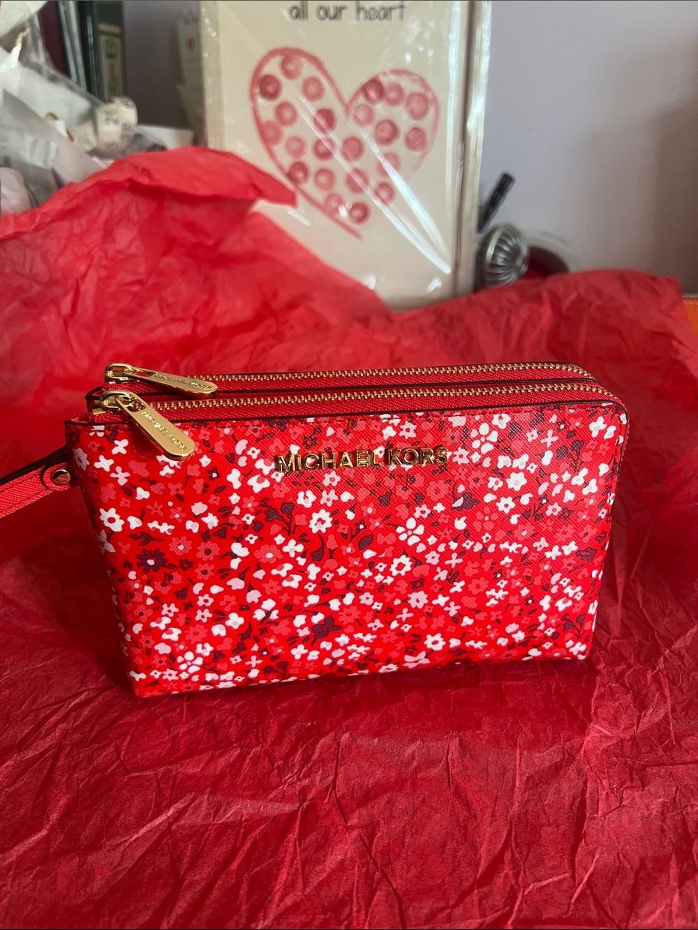 Michael Kors Red Leather Double-Zip Wristlet with Gold Hardware-NWOT